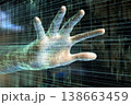 Futuristic AI Assistant Hand in 3D Virtual Environment with Digital Patterns 138663459