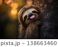 Sleepy Sloth Hanging Lazily From Tree in Warm Sunset Glow 138663460