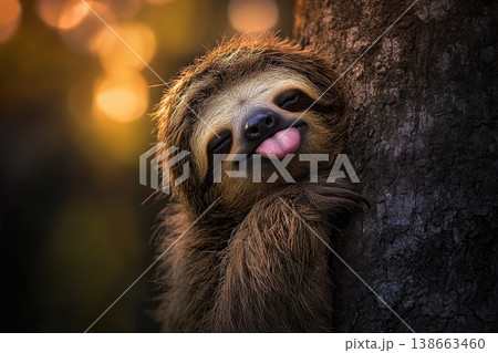 Sleepy Sloth Hanging Lazily From Tree in Warm Sunset Glow 138663460
