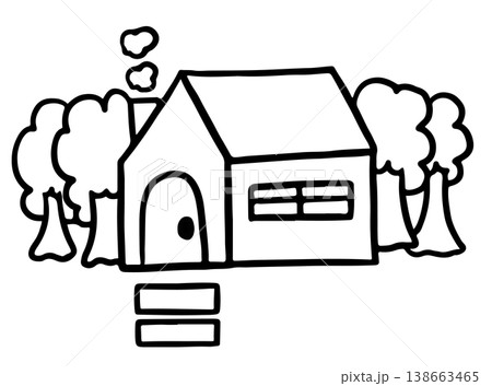 Hand drawn home cartoon with tree outline for decoration, outdoors, yard, house chores, nature, garden, plants, tree, sticker, spring, summer break, backyard, childhood, park, environment, holidays	 138663465