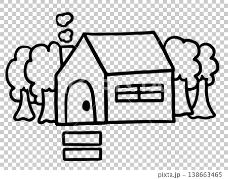 Hand drawn home cartoon with tree outline for decoration, outdoors, yard, house chores, nature, garden, plants, tree, sticker, spring, summer break, backyard, childhood, park, environment, holidays	 138663465