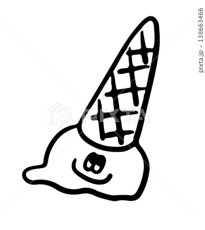 Hand drawn happy ice cream cone outline for colouring book, sweet dessert, cafe, restaurant, menu, recipe, department store, supermarket, market, office snack, lunch break, sugar, diet, cartoon, comic 138663466