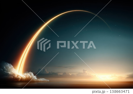 Stunning Long Exposure Image of Rocket Climbing Against Colorful Sky at Sunrise 138663471