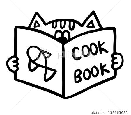 Hand drawn outline of cat reading cook book for kid colouring book, chef, cooking, cartoon character, comic, mascot, kitten drawing, animal, kid doll, cafe, restaurant, menu, recipe, kitchen, cuisine 138663683