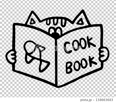 Hand drawn outline of cat reading cook book for kid colouring book, chef, cooking, cartoon character, comic, mascot, kitten drawing, animal, kid doll, cafe, restaurant, menu, recipe, kitchen, cuisine 138663683