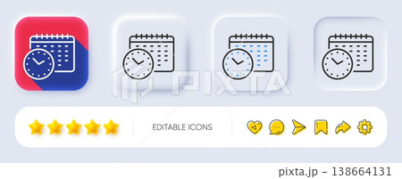 Calendar time line icon. Neumorphic, Flat shadow, 3d buttons. Clock sign. Watch symbol. Line calendar time icon. Social media icons. Vector 138664131