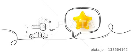 Car key line icon. Continuous line with 3d star. Rent transport sign. Buy new vehicle symbol. 3d star in speech bubble. Car key single line ribbon. Loop curve pattern. Vector 138664142