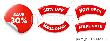 Discount sticker, Sale offer ribbons. Now open, Mega discount. Save 30 percent off tag. Sale Discount offer price sign. Special offer symbol. Red sticker tag. Flag ribbon banners. Vector 138664167