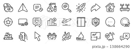 Lift, Star target and Wifi line icons pack. Share, Message, Paper plane icons. Decreasing graph, Notification received, Cyber attack web icon. Statistic, Vr, Safe water pictogram. Vector Lift, Star target and Wifi line icons pack. Share, Message, Paper plane icons. Decreasing graph, Notification received, Cyber attack web icon. Statistic, Vr, Safe water pictogram. Vector 138664290