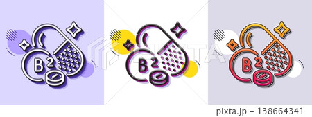 Vitamin B2 line icon. Halftone dotted pattern. Gradient icon with grain shadow. Riboflavin food nutrient sign. Capsule or pill supplement symbol. Line riboflavin vitamin icon. Various designs. Vector 138664341