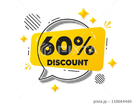 Discount chat speech bubble. Social media concept. 60 percent discount tag. Sale offer price sign. Special offer symbol. Yellow chat message. Offer speech bubble. Glare 3d stars. Vector Discount chat speech bubble. Social media concept. 60 percent discount tag. Sale offer price sign. Special offer symbol. Yellow chat message. Offer speech bubble. Glare 3d stars. Vector 138664480
