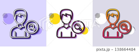 Search User line icon. Halftone dotted pattern. Gradient icon with grain shadow. Profile Avatar with Magnifying glass sign. Male Person silhouette symbol. Line search people icon. Vector 138664484