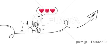 Dumbbell with winner cup line icon. Continuous line with share plane. Workout equipment sign. Gym fit symbol. Hearts rate review in speech bubble. Dumbbell single line ribbon. Vector Dumbbell with winner cup line icon. Continuous line with share plane. Workout equipment sign. Gym fit symbol. Hearts rate review in speech bubble. Dumbbell single line ribbon. Vector 138664508