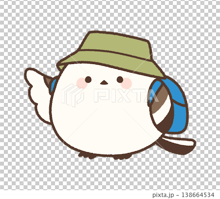 A long-tailed tit wearing a hat and backpack (pointing) 138664534