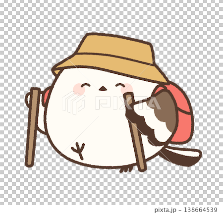 An illustration of a long-tailed tit hiking, smiling and using a wooden stick as a walking stick. An illustration of a long-tailed tit hiking, smiling and using a wooden stick as a walking stick. 138664539