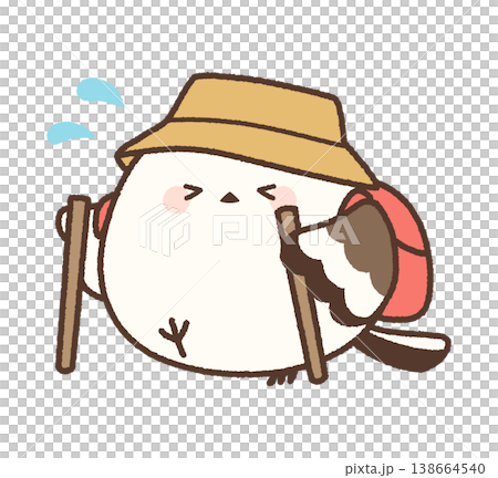 An illustration of a long-tailed tit hiking, using a wooden stick as a walking stick. An illustration of a long-tailed tit hiking, using a wooden stick as a walking stick. 138664540
