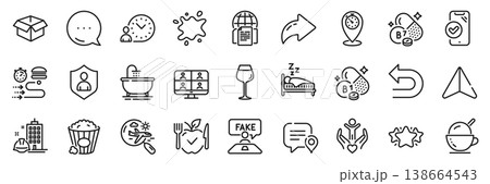 Ice cream, Volunteer and Security line icons pack. Share, Message, Paper plane icons. Bordeaux glass, Vegetarian food, Undo web icon. Video conference, Sleep, Time management pictogram. Vector Ice cream, Volunteer and Security line icons pack. Share, Message, Paper plane icons. Bordeaux glass, Vegetarian food, Undo web icon. Video conference, Sleep, Time management pictogram. Vector 138664543