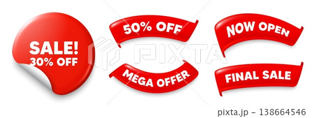 Sale sticker, Sale offer ribbons. Now open, Mega discount. Sale 30 percent off discount. Promotion price offer sign. Retail badge symbol. Red sticker tag. Flag ribbon banners. Vector 138664546