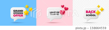 Limited quantities chat speech bubble. 3d stars, sparkles, hearts chat bubbles. Limited quantities tag. Special offer sign. Sale promotion symbol. Final sale, Back to school tag. Vector Limited quantities chat speech bubble. 3d stars, sparkles, hearts chat bubbles. Limited quantities tag. Special offer sign. Sale promotion symbol. Final sale, Back to school tag. Vector 138664559