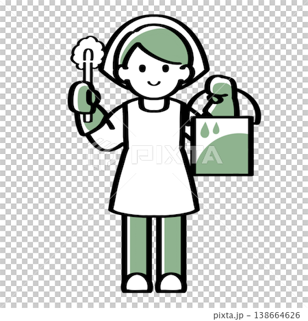 A hand-drawn illustration of a person holding a mop and a bucket. A hand-drawn illustration of a person holding a mop and a bucket. 138664626