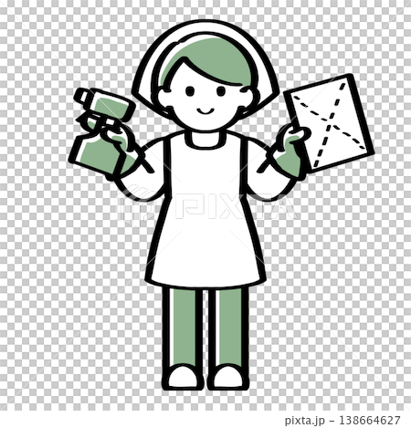 A hand-drawn illustration of a person holding a spray bottle and a cloth. 138664627
