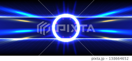 Blue glowing neon circle on dark perspective grid with horizontal light streaks 138664652