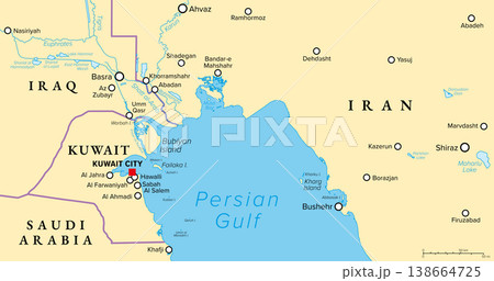 Head of the Persian Gulf, political map showing Kuwait, a country in West Asia and the Middle East, in the edge of Arabian Peninsula, with Bubiyan Island, part of the Shatt al-Arab river delta. Vector 138664725