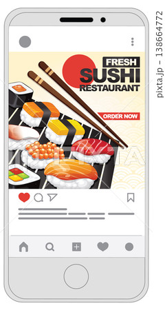 Fresh Sushi Restaurant Social Media Advertisement Displayed on a Smartphone Screen Fresh Sushi Restaurant Social Media Advertisement Displayed on a Smartphone Screen 138664772