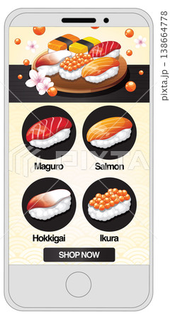 Mobile App Interface for Ordering Fresh Japanese Sushi and Nigiri 138664778