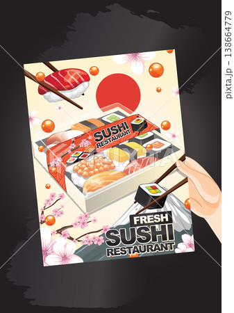 Hand Holding a Fresh Sushi Restaurant Menu Flyer Illustration 138664779