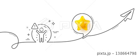 Social distance line icon. Continuous line with share plane. People isolation sign. Prevention rules symbol. 3d star in speech bubble. Social distance single line ribbon. Loop curve pattern. Vector 138664798