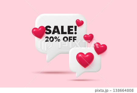 Sale chat speech bubble. Social media concept. Sale 20 percent off discount. Promotion price offer sign. Retail badge symbol. 3d hearts chat bubble. Vector 138664808