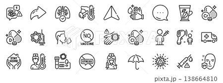 Cholecalciferol, Vaccination and Ambulance emergency line icons pack. Share, Message, Paper plane icons. People vaccination, No vaccine, Wash hands web icon. Vector 138664810