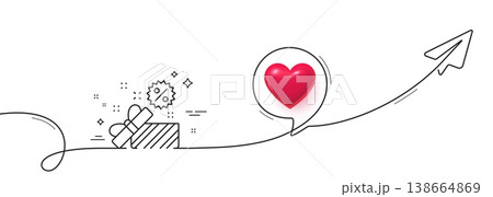 Sale gift box line icon. Continuous line with share plane. Shopping discounts sign. Clearance symbol. 3d heart in speech bubble. Sale single line ribbon. Loop curve pattern. Vector Sale gift box line icon. Continuous line with share plane. Shopping discounts sign. Clearance symbol. 3d heart in speech bubble. Sale single line ribbon. Loop curve pattern. Vector 138664869