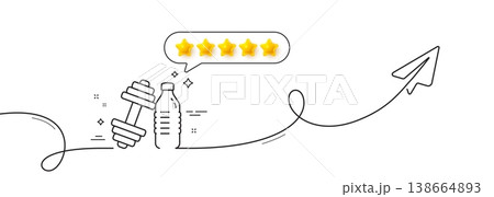 Dumbbell with water bottle line icon. Continuous line with share plane. Workout equipment sign. Gym fit symbol. Five star rate review in speech bubble. Dumbbell single line ribbon. Vector 138664893