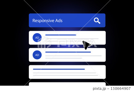 Responsive ads interface shows search results with sponsored listings and click interaction. Responsive ads interface displays ad preview digital campaign placement on search page vector illustration 138664907