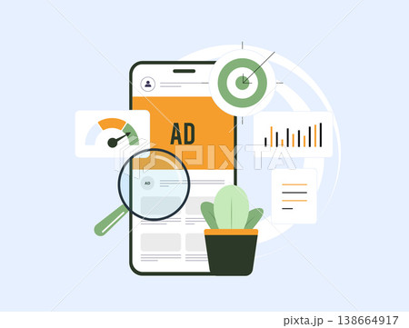 Ad analytics dashboard campaign performance and metrics on mobile screen. Ad analytics dashboard displays targeting data conversion tracking and marketing results for optimization vector illustration 138664917