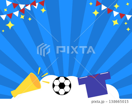 メガフォンとサッカーボールとユニフォームのアイコン付サンバースト素材 138665015