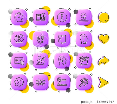 Instruction info, Idea head and Execute line icons. App 3d buttons. Social media comment, share, like icons. Pack of Stress, Bitcoin system, Timer icon. Vector Instruction info, Idea head and Execute line icons. App 3d buttons. Social media comment, share, like icons. Pack of Stress, Bitcoin system, Timer icon. Vector 138665147