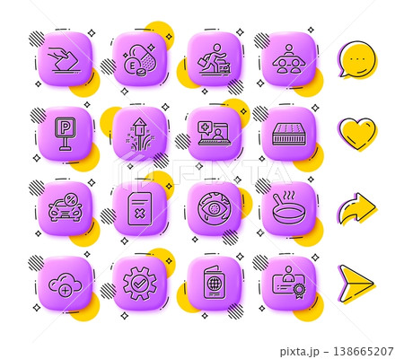 Voting ballot, Frying pan and Cyber attack line icons. App 3d buttons. Social media comment, share, like icons. Pack of Delete file, Fireworks, Mattress icon. Vector 138665207