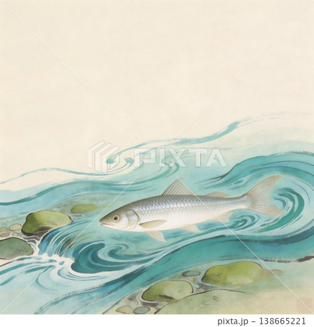 清流を泳ぐ魚と水しぶき、爽やかな夏の和風イラスト 138665221