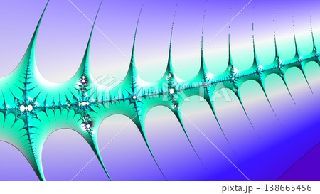 A mesmerizing abstract fractal pattern featuring intricate teal and turquoise spiky forms against a vibrant purple to blue gradient background. Perfect for digital art, technology, or scientific theme 138665456