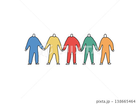 手を繋いでいる5人の人物の手描きイラスト（カラフル）のイラスト素材