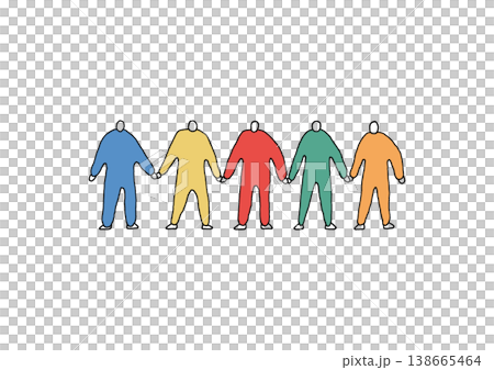 手を繋いでいる5人の人物の手描きイラスト（カラフル）のイラスト素材