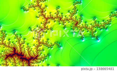 A mesmerizing digital fractal art piece showcasing intricate branching patterns in vibrant yellow and deep red against a luminous green background. Perfect for abstract technology or science themes. 138665481