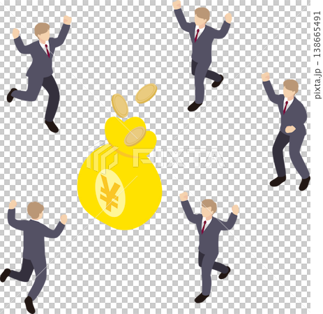 一幅描繪商人慶祝利潤和獎金的等距插圖。關鍵字：金錢、成功、金融、成就 138665491