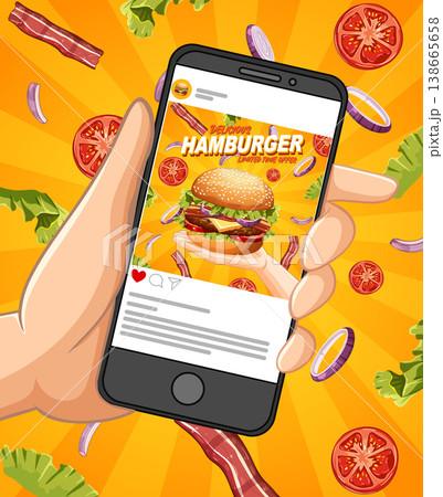 Hand Holding Smartphone Displaying Social Media Hamburger Advertisement with Floating Ingredients 138665658