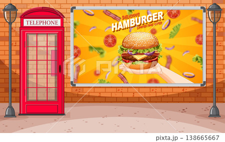 Outdoor Billboard Advertising a Delicious Hamburger Next to a Red Telephone Booth 138665667