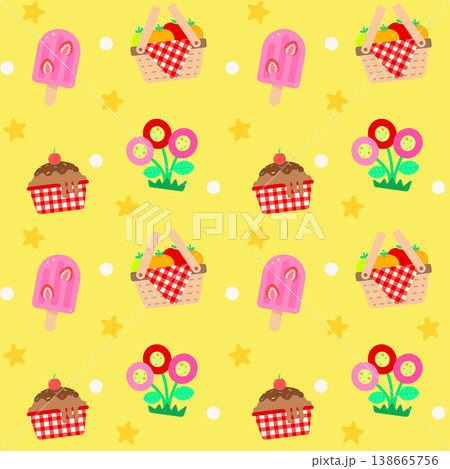 Cute Camping Picnic Pattern with Basket Fruits Ice Cream and Floral for Spring Summer Kids Party 138665756