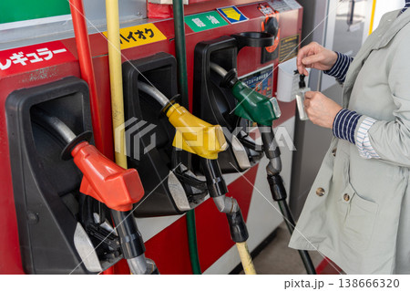 ガソリンスタンドにある給油機　給油ノズルの色分け 138666320